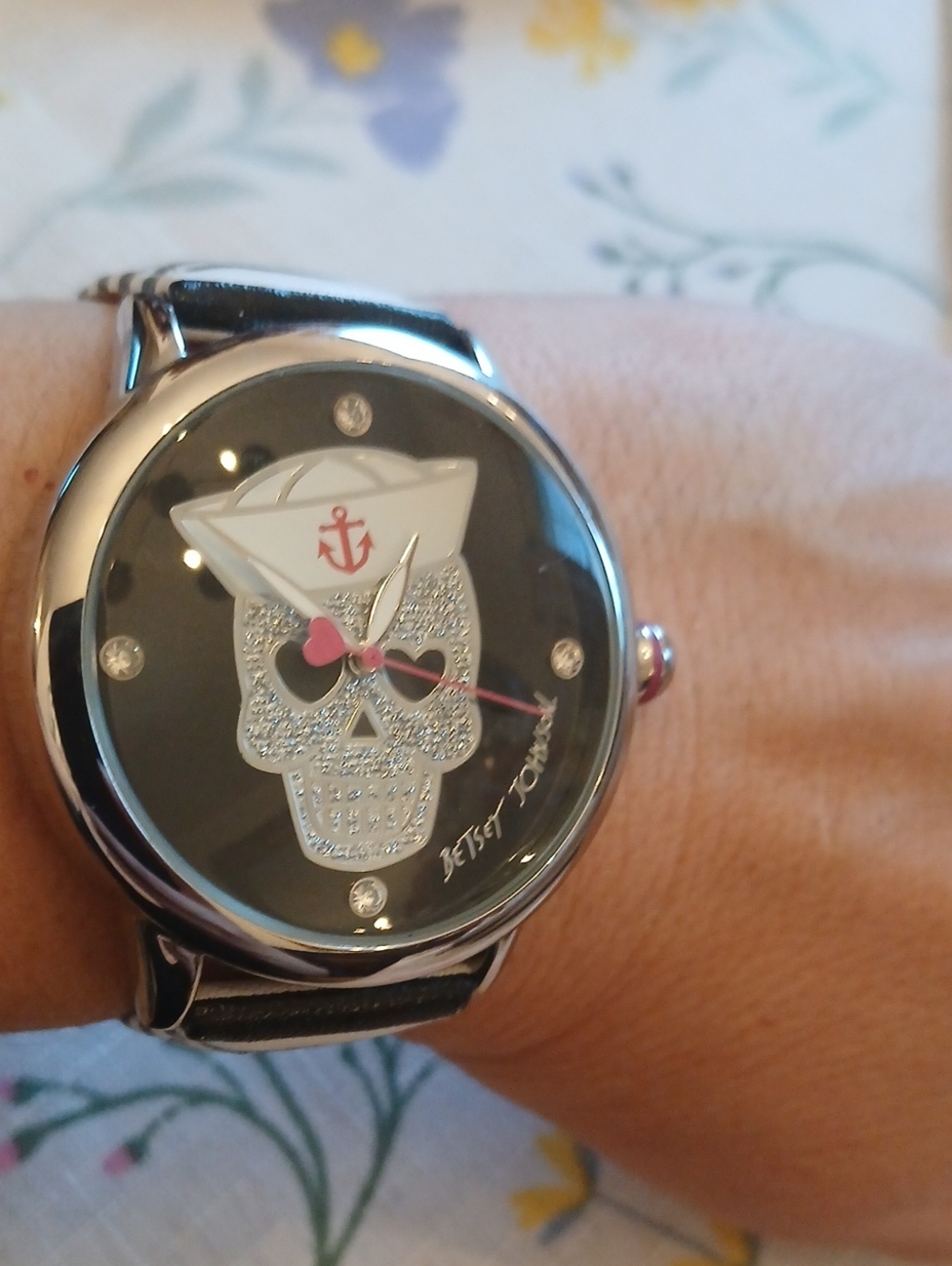 Betsey Johnson Black Watch with Crystal Skull and Pink Accents